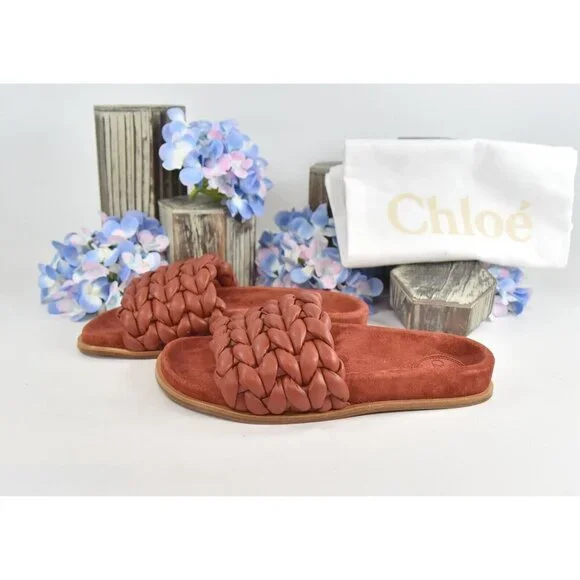 Chloe Terracotta Brown Leather Kacey Woven Flat Mules Slides Sz 37 NIB - Picture 2 of 11